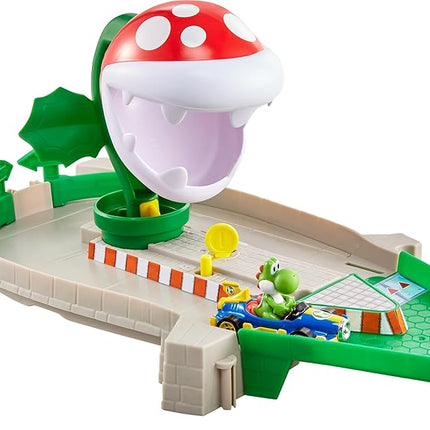 Hot Wheels Mario Kart Track Set & Toy Car, Piranha Plant Slide Playset with First-Appearance Yoshi Kart Vehicle & Gravity Launcher