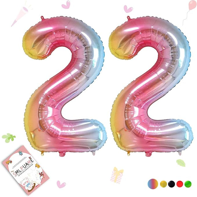 Smlpuame 40 Inch Number Balloons 0-9 Rainbow Gradient Large Number 22 Balloons, Digital Balloons for Birthday Party Celebration Decorations, Helium Foil Number Balloons for Wedding Anniversary