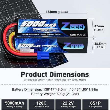 Zeee 6S Lipo Battery 5000mAh 22.2V 120C Hard Case RC Battery with EC5 Connector for RC Car Trucks Airplane Helicopter Quadcopter Boat Racing Models (2 Pack)