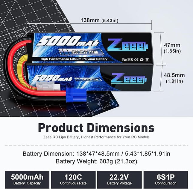 Zeee 6S Lipo Battery 5000mAh 22.2V 120C Hard Case RC Battery with EC5 Connector for RC Car Trucks Airplane Helicopter Quadcopter Boat Racing Models (2 Pack)