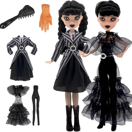 11.5'' Addams Doll with Gift Box, High Heels, Black Dress, and Hair, Perfect Christmas and Birthdays Toy Gift for Girls & Fans (2PCS)