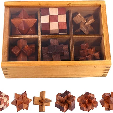VolksRose 6pcs Wooden Brain Teaser Puzzles, IQ Challenge Puzzle Games, Logic Smart Mind Puzzle Box Lock Toy Removing Assembling 3D Small Puzzle Gift Set for Adults Teenagers Kids, 1.8inch 4.5cm
