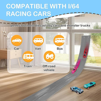 Flex Track 15 Ft Starter Set, Compatible with Hot Wheels, 1:64 Scale Diecast Cars, Ages 3 & Up for Boys and Girls Long Rolls Up Portable Racetrack (Gray)