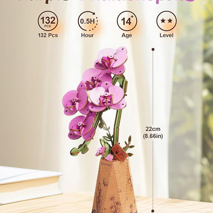 rowood Wooden Flower,3D Puzzles for Adults,Artifical Flower Botanical Collection Building Craft Kit,Mother's Day/Valentine's Day Purple Moth Orchid