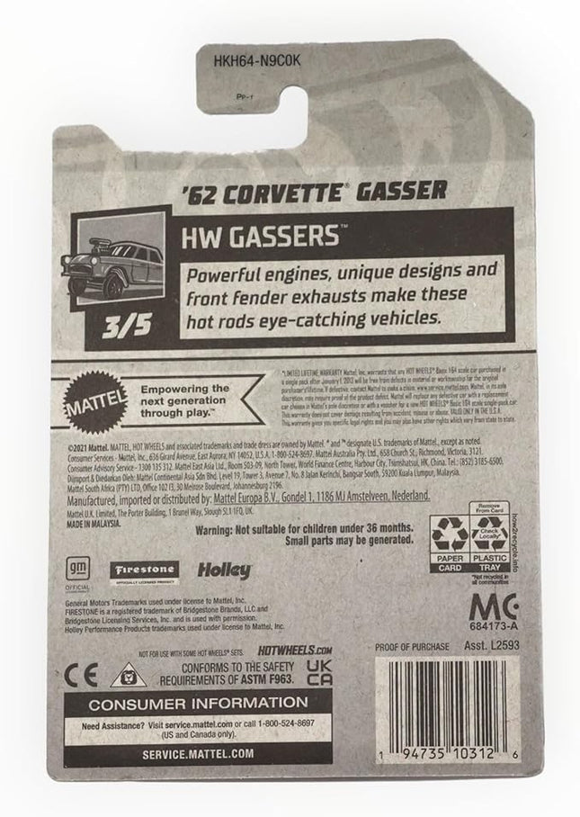 Hot Wheels 1:64 Scale '62 Corvette Gasser Die-Cast Car Model, Red, 6 x 6 x 4 inches, Pull-Back Action, Ages 3+