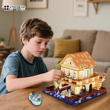 Girls Friends Vacation Lake House Buiding Set with Boat, 2190 PCS Tree House Wooden Cabin Mini Building Block Set, Educational Toy Construction Kit, Birthday Gifts for Adults,Kid,Boy,Girl Age 14+