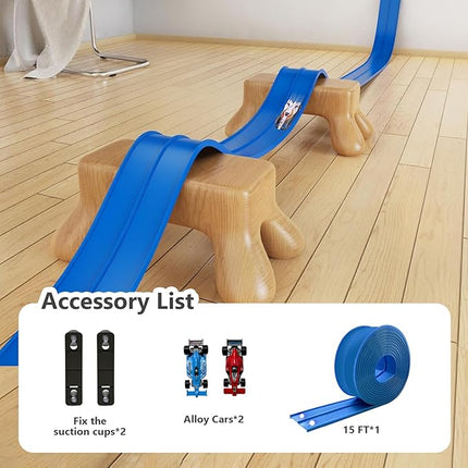 Flex Tracks 15 Ft for Kids, Flexible Race Car Ramp Track with Hot Wheels and Diecast 1/64th Cars, Double-Sided Racetrack with 2 Small Racecars, Toys Gifts for Age 3 4 5 6 7 Years Old Boys Girls Kids