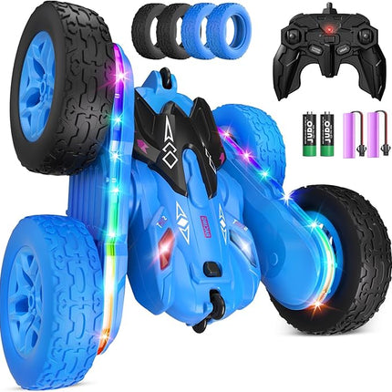 Remote Control Car,RC Cars with Sides Light Strip and Headlights,Double Sided 360 Flips Rotating RC Stunt Car,2.4Ghz All Terrain Toys for Ages 4-8 Kids Toy for Boys Birthday Gift(Blue)
