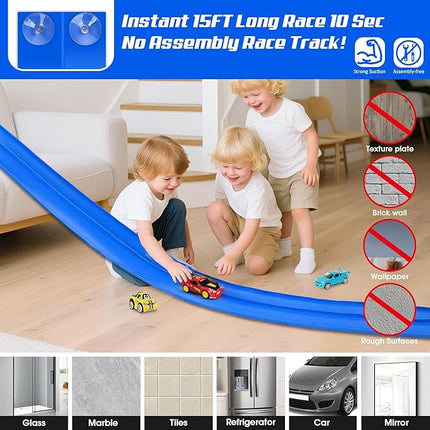 for Hot Wheels Race Car Flexible Track for Kids Toy,Diecast 1/64th Kids Toy Cars Flex Track Ramp 15Ft Starter Set Long Rolls Up Portable Flexible DIY Racetrack with Suction Cups for Boy Girl Age 3+