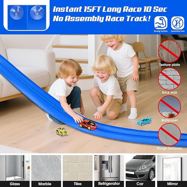 for Hot Wheels Race Car Flexible Track for Kids Toy,Diecast 1/64th Kids Toy Cars Flex Track Ramp 15Ft Starter Set Long Rolls Up Portable Flexible DIY Racetrack with Suction Cups for Boy Girl Age 3+