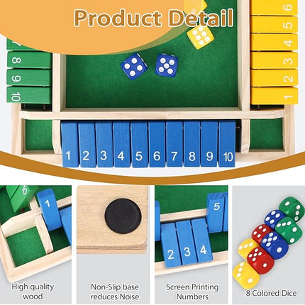 2 Pcs Shut The Box Game Wooden, Close Shut The Box Game for 2-4 Player Adults, Math Sequence Dice Plunder Board Games with 16 Dice, 4-Sided 10 Number Table Games for Family Classroom Home Party Pub