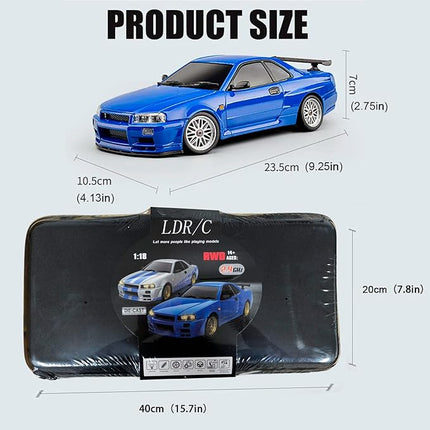 LD1899 1:18 RC Drift Car GTR R34 2.4GHz RWD with Gyroscope on-Road Alloy Body Shell Racing Cars Radio Control (Blue)