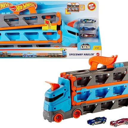 Hot Wheels - Speedway Hauler Storage Carrier with 3 1:64 Scale Cars & Convertible 6-Foot Drag Race Track for Kids 4 to 8 Years Old, Stores 20+ Cars & Connects to Other Playsets, HGH33