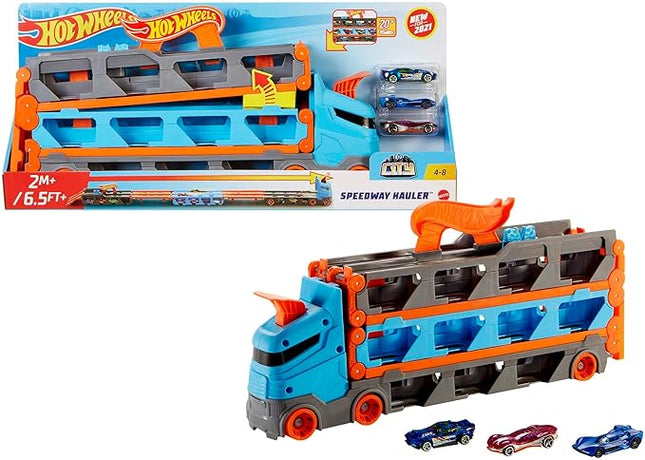Hot Wheels - Speedway Hauler Storage Carrier with 3 1:64 Scale Cars & Convertible 6-Foot Drag Race Track for Kids 4 to 8 Years Old, Stores 20+ Cars & Connects to Other Playsets, HGH33