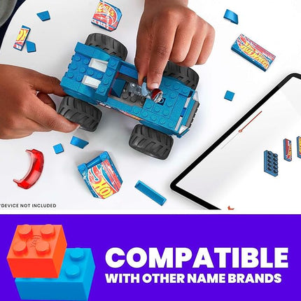MEGA Hot Wheels Monster Trucks Toy Car Building Set, Smash & Crash Race Ace with 85 Pieces, 1 Micro Action Figure Driver, Blue, Kids Age 5+ Years
