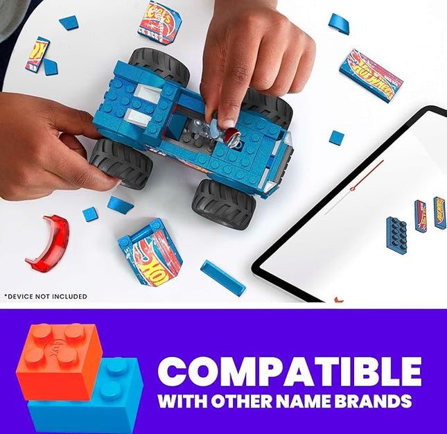 MEGA Hot Wheels Monster Trucks Toy Car Building Set, Smash & Crash Race Ace with 85 Pieces, 1 Micro Action Figure Driver, Blue, Kids Age 5+ Years