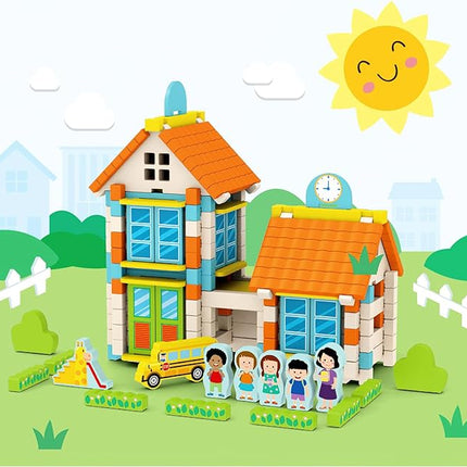 182PCS Wooden Building Blocks Set for Toddlers, Construction City Stacking Toys, Preschool Learning Educational Toys for Kids 3+ Years Girls and Boys (School)