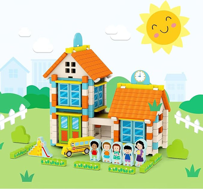 182PCS Wooden Building Blocks Set for Toddlers, Construction City Stacking Toys, Preschool Learning Educational Toys for Kids 3+ Years Girls and Boys (School)