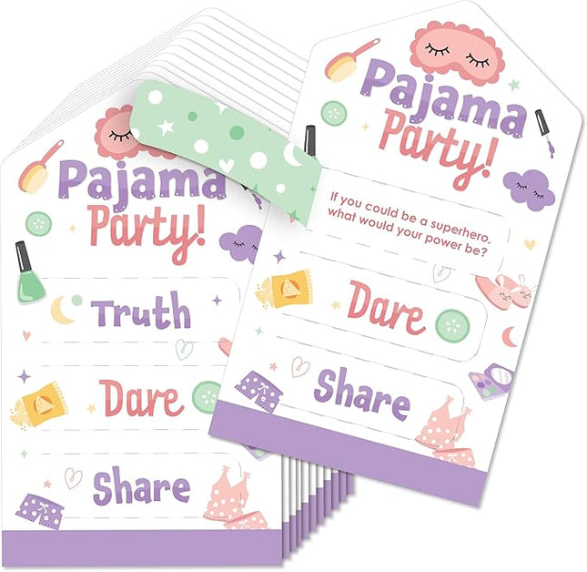Big Dot of Happiness Pajama Slumber Party - Girls Sleepover Birthday Party Game Pickle Cards - Truth, Dare, Share Pull Tabs - Set of 12