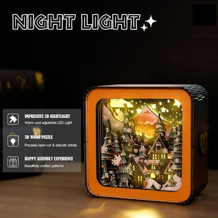 3D Puzzle Nightlight-DIY LED Light Wooden Puzzle-Art Lamp and Craft Kits for Kids and Adults-Birthday Gifts Toys-Home Desk Decor Family Game (Christmas Eve)