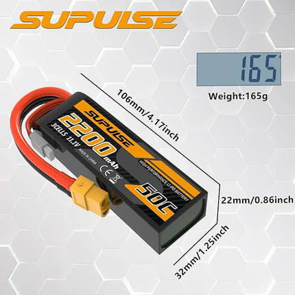 SUPULSE 11.1V 3S Lipo Battery 50C 2200mAh Soft Case Battery with T Plug and XT60 Plug for RC Airplane Helicopter RC Boat RC Car Truck(2 Packs)