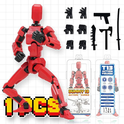 [Assembly Complete] Dummy 13 Action Figures with Magnetic Suction Function, Lucky Titan 13 Action Figures, Multi-Jointed Movable，with 3 Hand-Shapes, 5 Weapons (1Pcs - Red)