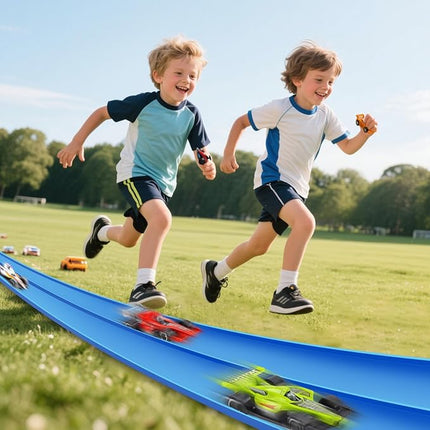 15 Ft Flexible Race Car Track, Portable Dual-Sided Race Car Track with 4 Cars & Suction Cups, Compatible with Hot Wheels & 1/64 Diecast Cars, Kids’ Car Ramp & Race Track (Blue)