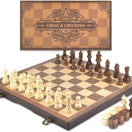 AMEROUS Magnetic Wooden Chess and Checkers Game Set, 15 Inches (2 in 1) Chess Board Games, 2 Extra Queens - Gift Package - Game Pieces Storage Slots, Beginner Chess Set for Kids, Adults