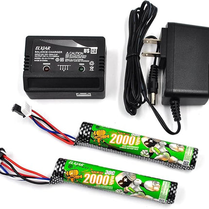 (2-Pack) 11.1V 2000mAh 30C Li-ION Battery with SM-2P Plug Replacement for Airsoft Splatter Blaster, Remote Controlled Vehicle, Water Bead Blaster with Charger