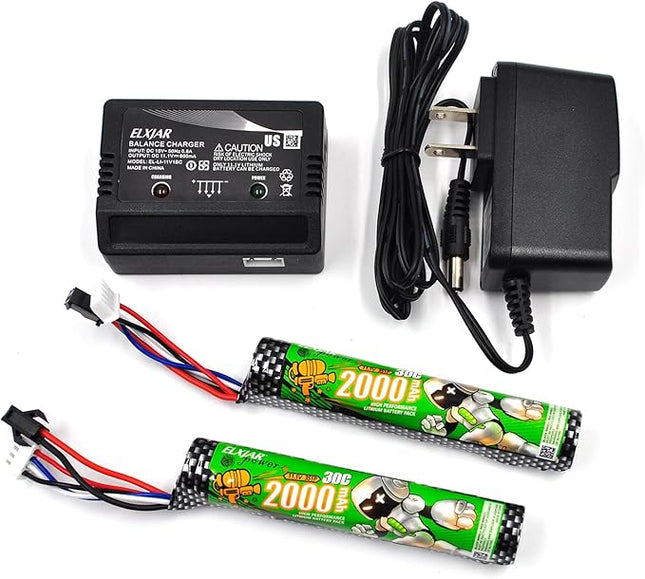 (2-Pack) 11.1V 2000mAh 30C Li-ION Battery with SM-2P Plug Replacement for Airsoft Splatter Blaster, Remote Controlled Vehicle, Water Bead Blaster with Charger