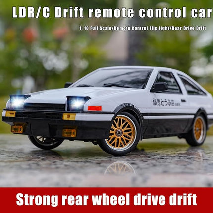 1:18 AE86 Model LD1801 RC Drift Car 1/18 2.4G Remote Control on Road ESP Gyroscope LED Mini RC Racing Cars (White)