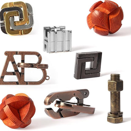 8 Pcs Brain Teaser Puzzles Favor Educational Toys Mind Puzzles Ancient Wooden and Metal 3D Unlock Interlock IQ Puzzles Box Game