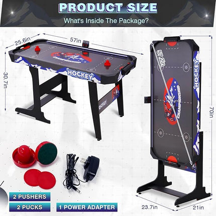 57" LED Light-Up Air Hockey Table, Foldable Arcade Style Air Hockey Game Set w/Accurate Electronic Scoring, in Line Power Switch, Powerful Motor for Kids Adults, Home Game Room