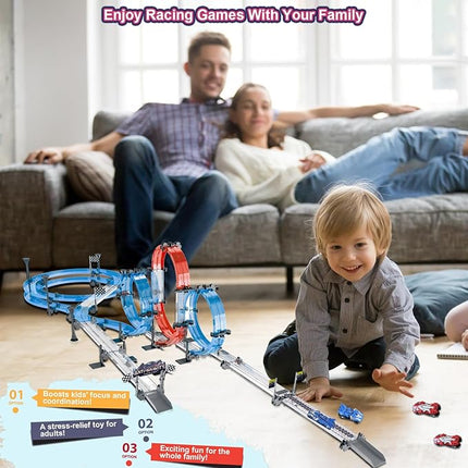 Toy Car Racer Track Set with 4 Pull-Back Cars, 360° Loops, Cross Overpass & Curves, High-Speed Racing Game Track for Boys Kids Birthday Gift Ages 6-12