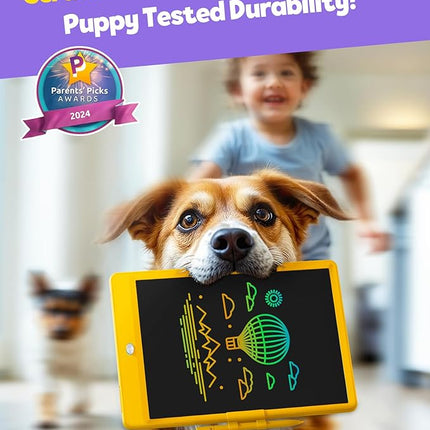 TEKFUN Toys for Girls Boys 10IN LCD Writing Tablet, Magic Doodle Board with Anti-Lost Stylus, Mess Free Coloring for Toddlers Drawing Pad, Toddler Travel Car Plane Trip Toys Gifts (Yellow)