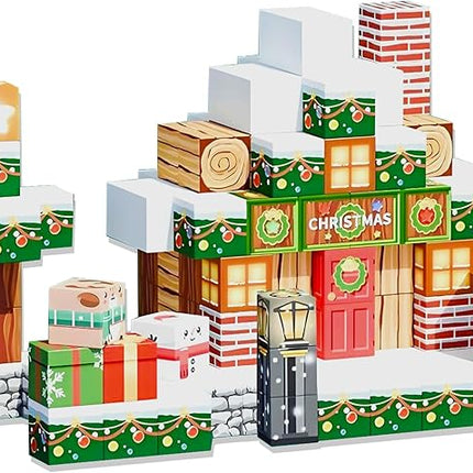 Magnetic Construction Building Blocks Set, 136PCS Tile with 4 Toy Trucks, Education STEM Consrtuction Site Theme Toy for Age 3-5, 6 7 8 9 10 (Christmas Theme)