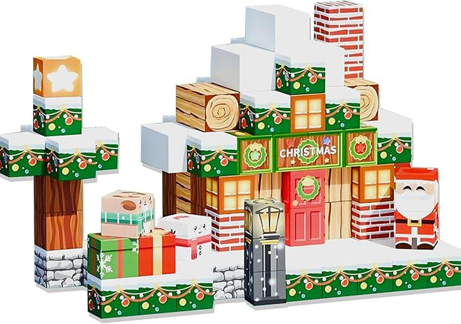 Magnetic Construction Building Blocks Set, 136PCS Tile with 4 Toy Trucks, Education STEM Consrtuction Site Theme Toy for Age 3-5, 6 7 8 9 10 (Christmas Theme)