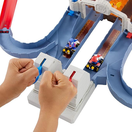 Hot Wheels Mario Kart Bowser’s Castle Chaos Modular Track with Side by Side Racing Lap Flags and Bowser Figure Connects to Other Sets Gift idea for Ages 3 Years and Older