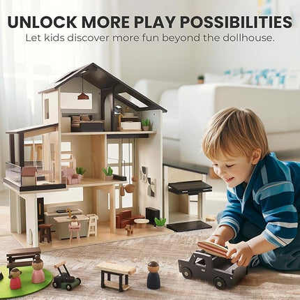 Tiny Land Wooden Dollhouse Garage Set – Realistic Design with Garage, Workbench,Lawn Mower & SUV Car, Expansion Dollhouse Furniture & Accessories for Doll house, Educational Pretend Play Gift for Kids