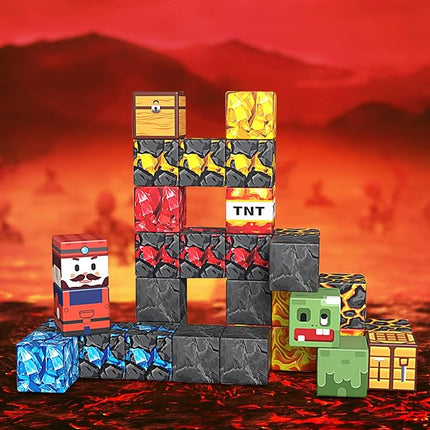 35PCS Magnetic Blocks for Kids - STEM Learning Creative Construction Sets Building Cubes with Portable Iron Storage Box, Educational Travel Games, Road Trip Sensory Toys Magnetic Tiles (Treasure Hunt)