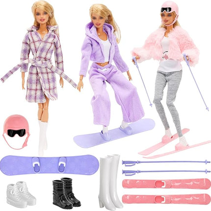 13 Pcs Doll Winter Clothes and Accessories - 3 Set Dolls Winter Coat Clothes, 2 Pairs of Shoes and 8 Pcs Skiing Accessories for 11.5 Inch Girl Doll Winter Playset