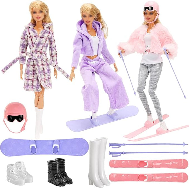 13 Pcs Doll Winter Clothes and Accessories - 3 Set Dolls Winter Coat Clothes, 2 Pairs of Shoes and 8 Pcs Skiing Accessories for 11.5 Inch Girl Doll Winter Playset