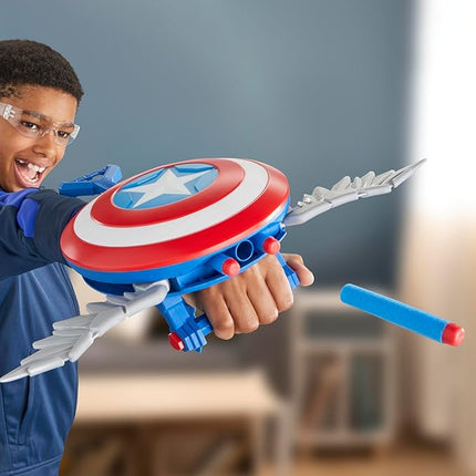 Marvel Studios Captain America Brave New World NERF Skyshot Blaster, Shield Roleplay Toy, Super Hero Toys for Kids 5 and Up