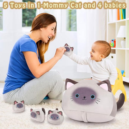 5 PCS Siamese Cat Plush Stuffed Animal Family-19" Soft Siamese Cat Plush, Large Mommy Plushies with 4 Baby Kittens Plushies for Kids, Kawaii Plush Toy Christmas Birthday Gifts for Kids Boys Girls