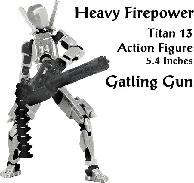 Gatling Gun T13 Titan 13 Action Figure Set【Assembled】, Robot Action Figure 3D Printed robo 13 Action Fidget Toys Dummy Figure Articulated, Lucky 13 for Collectors Desktop Decorations (Silver-Black)