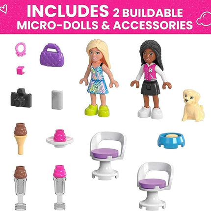 MEGA Barbie Kids Building Toy Set, Convertible & Ice Cream Stand with 226 Pieces, 2 Micro-Dolls and Accessories, Pink, Ages 6+ Years