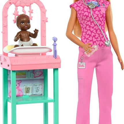 Barbie Baby Doctor with Blonde Fashion Doll Wearing Pink Scrubs, 1 Baby Doll with Accessories & Furniture