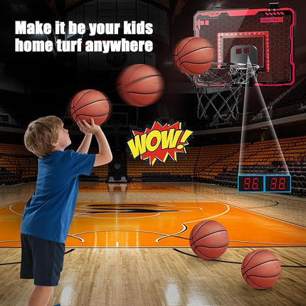 Indoor Basketball Hoop for Kids with Red Led Lights Mini Basketball Hoop with Scoreboard Over The Door Basketball Hoops Birthday Gifts for Kid Basketball Toys for 4-12 Year Old Boys Girls