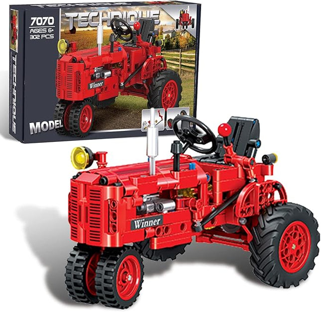 Classic Building Blocks 1/12 Red Tractor Farm Toy Building Set Gift for Kids Ages 6 7 8 9 10 11 12 Includes Shifting Structure, Steering Structure Features (Classic Edition)