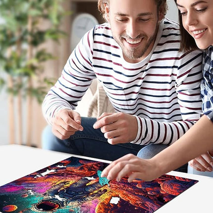 Wooden Jigsaw Puzzle for Adults - Challenging 300 Piece Puzzle with Cool Shapes - Astronaut Space Planet Puzzle Art - Paranormal Collection (Galactic Groove)